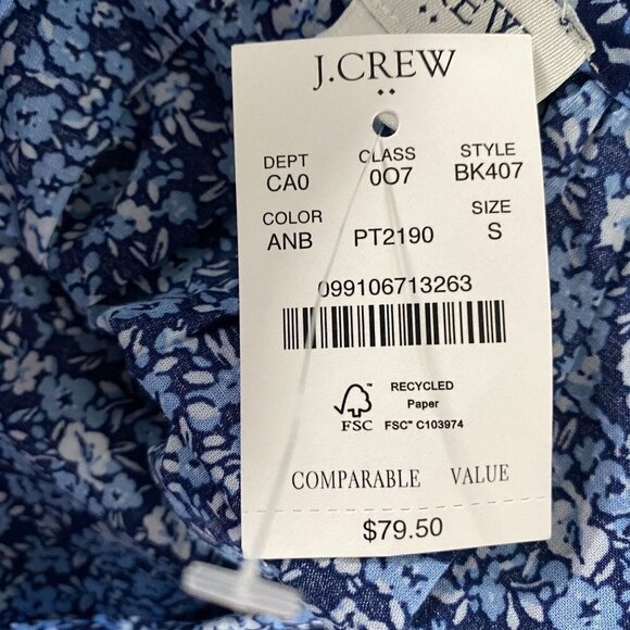 J. Crew Peasant Top Floral Printed Ruffle Trim‎ Small Blue Cotton NWT TP-2449 - Picture 6 of 9